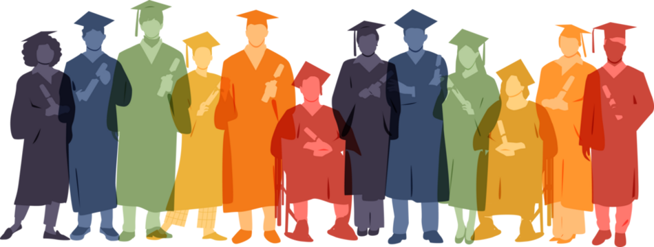 Group of graduated students, wearing academic gowns and graduation caps, holding diplomas.