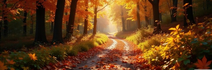 Obraz premium Sun-dappled trail winds through vibrant autumn foliage, crunchy leaves underfoot , forest, trail