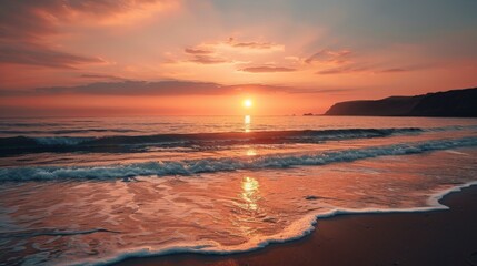 A picturesque sunset over a calm beach with waves gently rolling in with