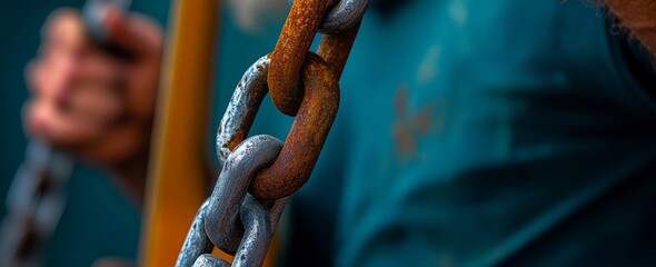 Chain link is shown in a black and red color scheme. The chain is wet and the sun is shining on it. The chain is a symbol of connection and unity