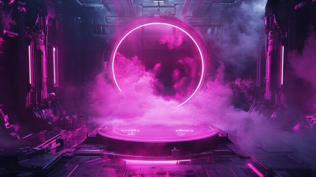 Vibrant Neon Portal Surrounded by Mist in a Futuristic Setting, Creating a Captivating Atmosphere of Mystery and Technology