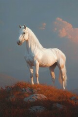 Obraz premium White Horse Standing Proudly on Hilltop at Sunset. Travel or Animal Advertisement