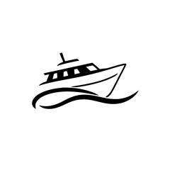 Vector illustration of a black and white boat icon on a white background. The vessel is shown at an angle with waves beneath.