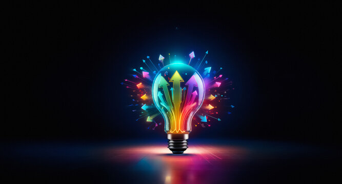 A glowing lightbulb radiates vibrant arrows pointing upwards on a dark background, representing innovation and forward movement.