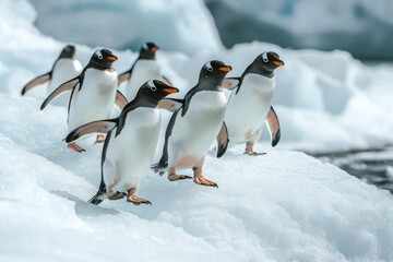 Fototapeta premium A charming group of penguins waddles across the icy terrain, showcasing their playful nature in a stunning polar landscape.