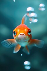 Orange goldfish swimming up in the water with bubbles for a pet shop advertisement