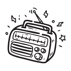 Hand drawn doodle of a retro radio with an antenna, tuning dial, and speaker. Perfect for vintage themed designs, music-related content, and nostalgic illustrations.