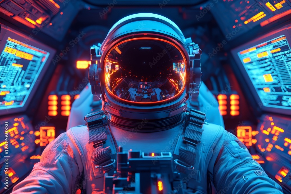 Poster brightly lit control room with an astronaut preparing for a space mission from inside a spacecraft