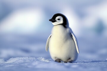 Obraz premium A cute baby penguin stands alone on the snow, showcasing its fluffy feathers and unique black and white coloring against a chilly backdrop.