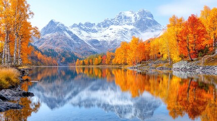 Obraz premium Autumn lake reflecting snow-capped mountains (8)