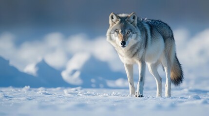 Fototapeta premium A majestic wolf standing in a serene snowy landscape. This image captures the essence of wilderness and the beauty of wildlife in its natural habitat.