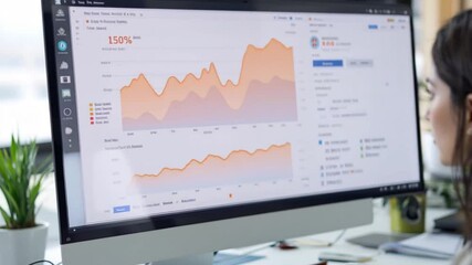 Smart Gen Z tech talent workforce typing SEO sale report on desktop PC happy work easy relax at home office. Remote WFH reskill upskill job MBA study of young people asia woman examine big data graph