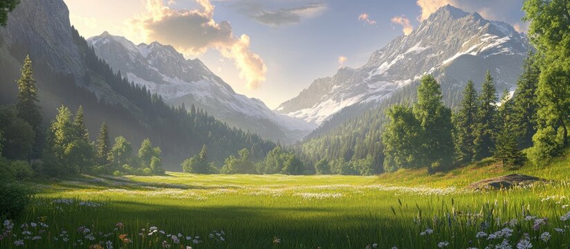Idyllic alpine landscape featuring vibrant green meadows and blooming flowers with majestic snow-capped mountains under a soft blue sky.
