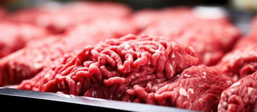 Freshly minced ground beef displayed in a butcher shop with rich red hues, arranged closely in a metallic tray for an inviting presentation. - Powered by Adobe
