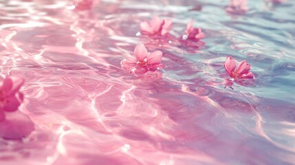 114.A close-up view of rippling pink water with transparent textures, scattered blossoms, and interplay of light and shadows creating a soft, ethereal vibe.