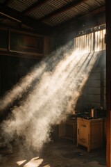 Sunbeams illuminate a rustic room with light smoke, for ambiance or atmospheric use