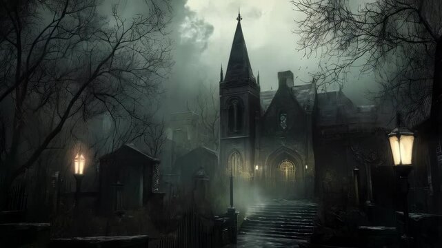 Eerie atmospheric gothic scene with a ruined castle and ambience elements