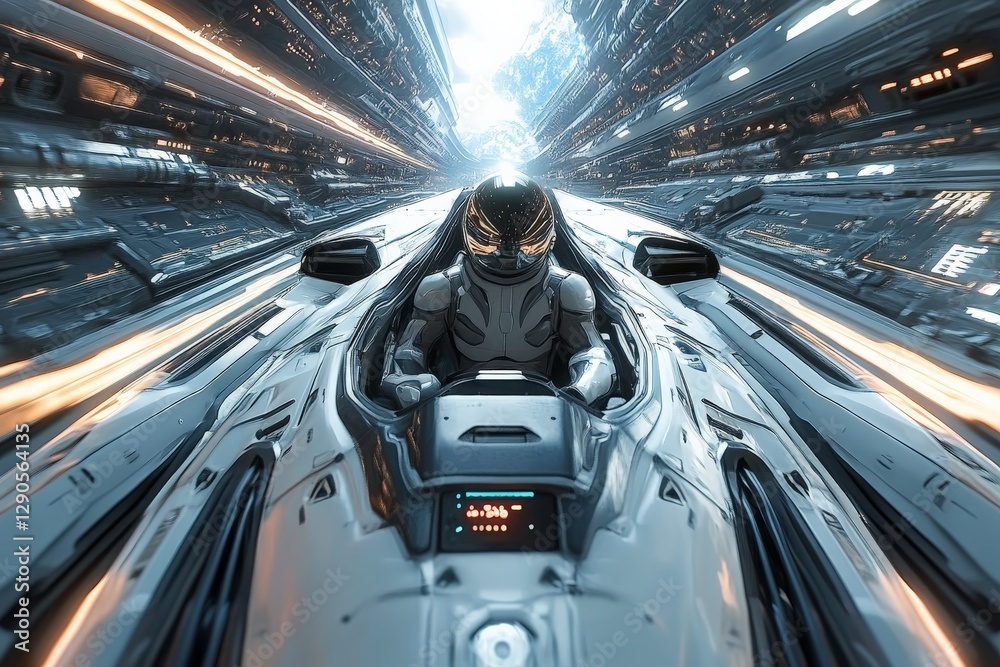 Poster futuristic pilot navigating high-speed spacecraft through advanced cosmic tunnel at night