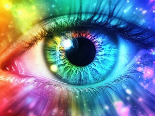 Kaleidoscopic eye with vibrant spectrum and radiant burst effect