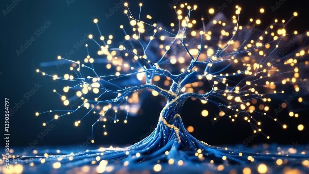 Poster a stylized tree composed of interconnected lines and nodes, resembling a neural network or data visu