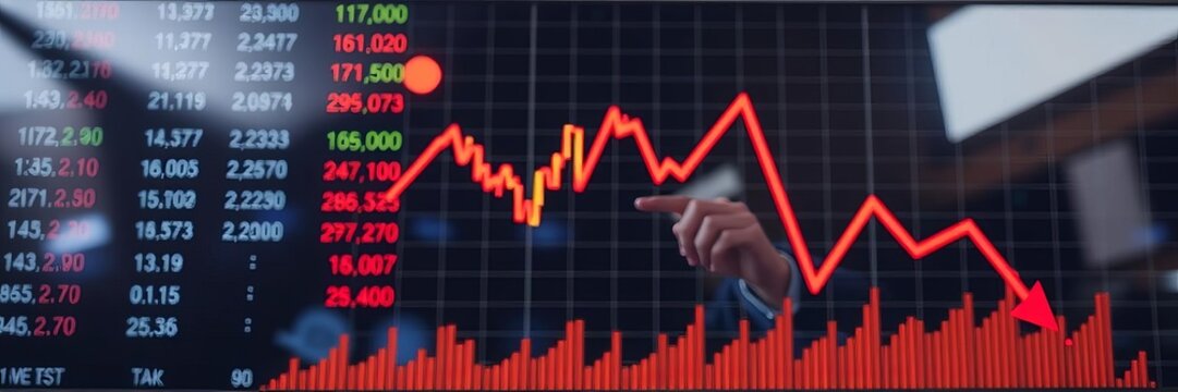 Abstract illustration of economic turmoil showing graphs and arrows with upward and downward trends, decline, stock market, financial