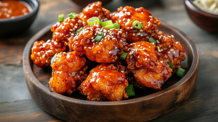 ごまとねぎがふりかけられた韓国風甘辛ヤンニョムチキン | 光沢感