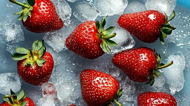 Juicy strawberries lying on melting ice cubes with water splashes. Close-up food photography showing vibrant berries with natural lighting and cool blue undertones