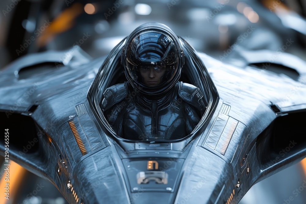 Poster futuristic pilot preparing for takeoff in a sleek, advanced spacecraft in a high-tech environment