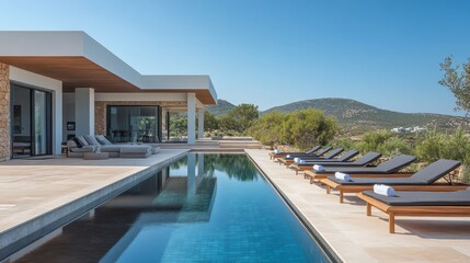 Fototapeta premium Modern Luxury Villa with Stunning Pool and Sunbeds