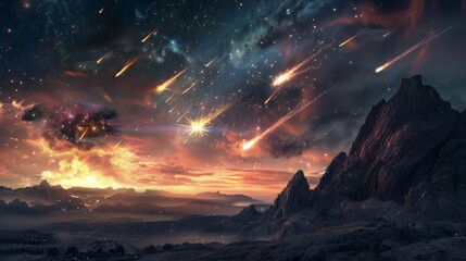 A meteor shower over a mountainous landscape