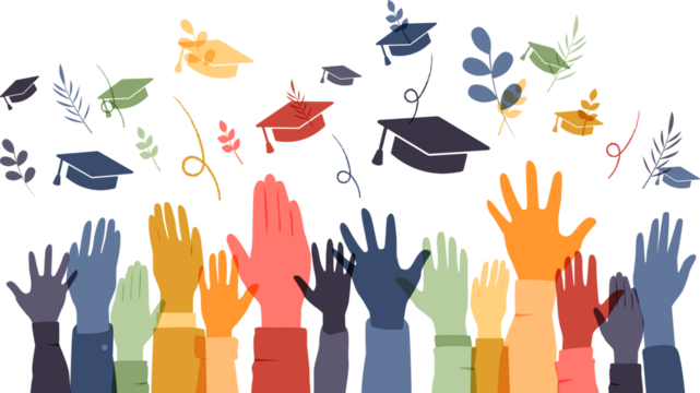 Hands throw caps up. Graduation concept.