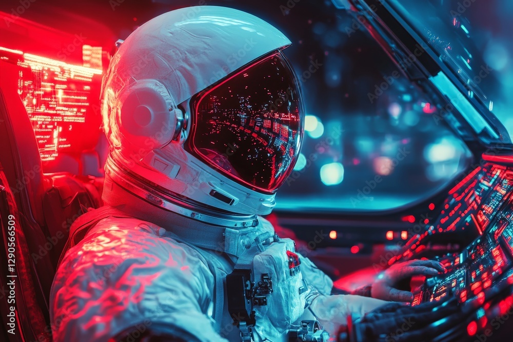 Poster Spacesuit-clad astronaut operating advanced control panel in futuristic spacecraft during nighttime