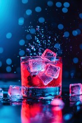 Refreshing drink in glass with splashing ice on dark bokeh background for advertisement