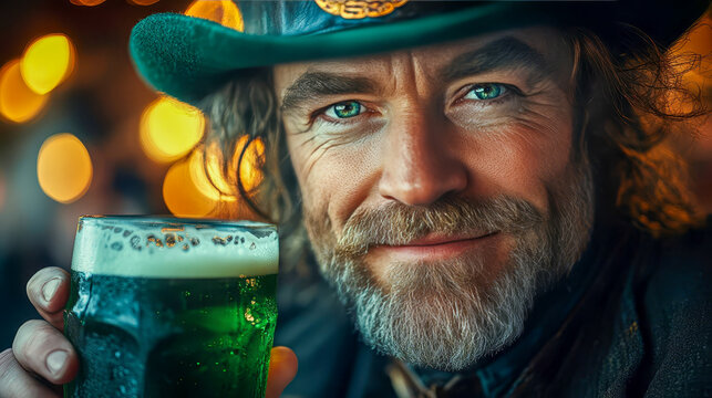 A man in a leprechaun costume with a large glass of green beer, St. Patrick's Day celebration - Powered by Adobe