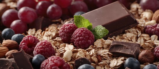 Colorful granola composition featuring raspberries blueberries and chocolate on a light green background with ample copy space for text. Top view