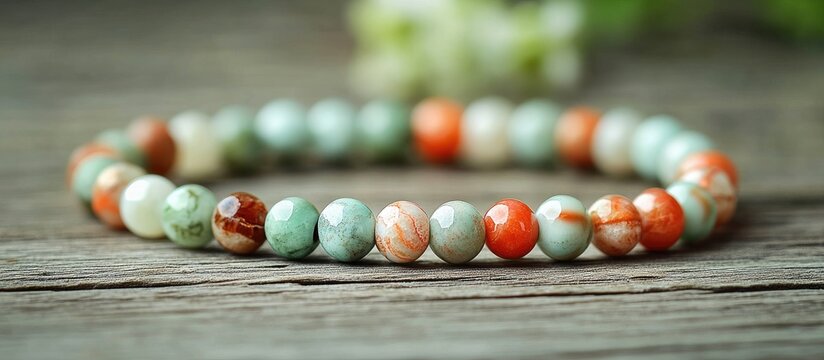 Colorful gemstone bracelet featuring variscite jade and sunstone beads on a wooden surface with greenery softly blurred in the background.