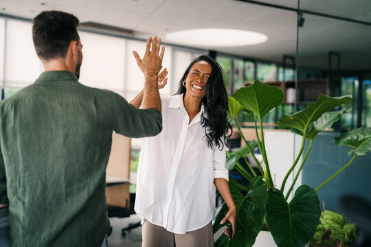 Success group of multiethnic entrepreneurs and business people achieving goals in corporate office