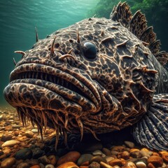 An extraordinary fish glides through crystal-clear water, its beautifully detailed skin and whisker-like appendages creating an enchanting display