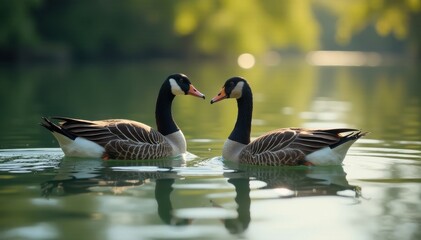 Geese paddling on a clear lake, sunlight reflecting on feathers , wildlife, scenery, reflection