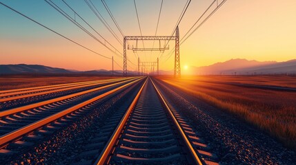 Fototapeta premium A picturesque sunset illuminates railway tracks stretching into the distance, framed by mountains and power lines, creating a serene travel scene.