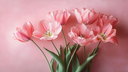 Fototapeta premium Elegant pink tulips in a loose bouquet on a soft pastel pink background, perfect for spring events, weddings, or greeting cards.