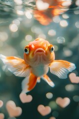 Goldfish swims in a tank with heart shaped bubbles, underwater backdrop