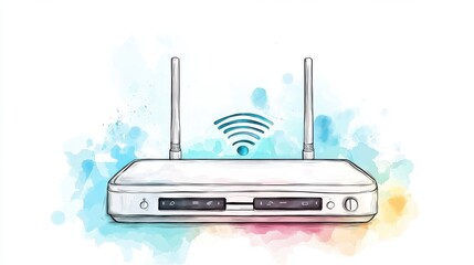 A creative watercolor illustration of a wireless router, symbolizing connectivity and the digital world, ideal for technology-related content.