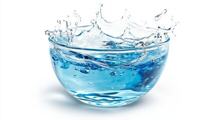 In a beautifully illuminated setting, clear blue water splashes dramatically from a glass bowl, creating elegant ripples and reflections. Sunlight enhances the vibrant colors, captivating the viewer