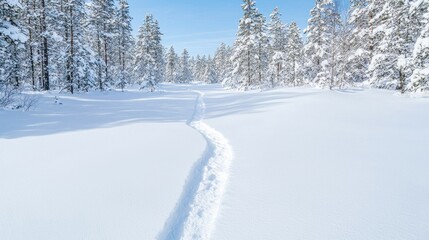 Snowy winter trail through pine forest