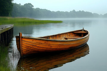 Obraz premium Wooden Rowboat Docked at Lakeside Pier in Misty Morning