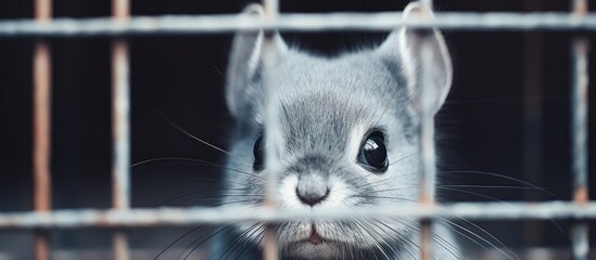 Gray chinchilla with large expressive eyes peering through cage bars, showing soft fur texture and delicate features in a dimly lit environment.