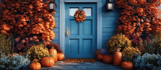 Charming autumn entrance with a blue door adorned with a wreath surrounded by vibrant orange pumpkins and colorful foliage in warm evening light