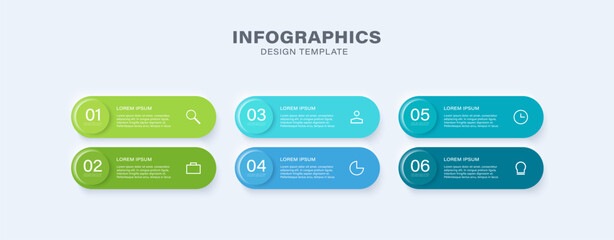 Timeline 6 steps color infographic template in neumorphism style