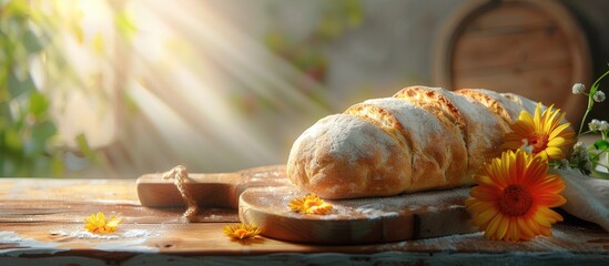 Golden brown freshly baked bread on a wooden cutting board surrounded by orange calendula flowers with soft sunlight illuminating the scene
